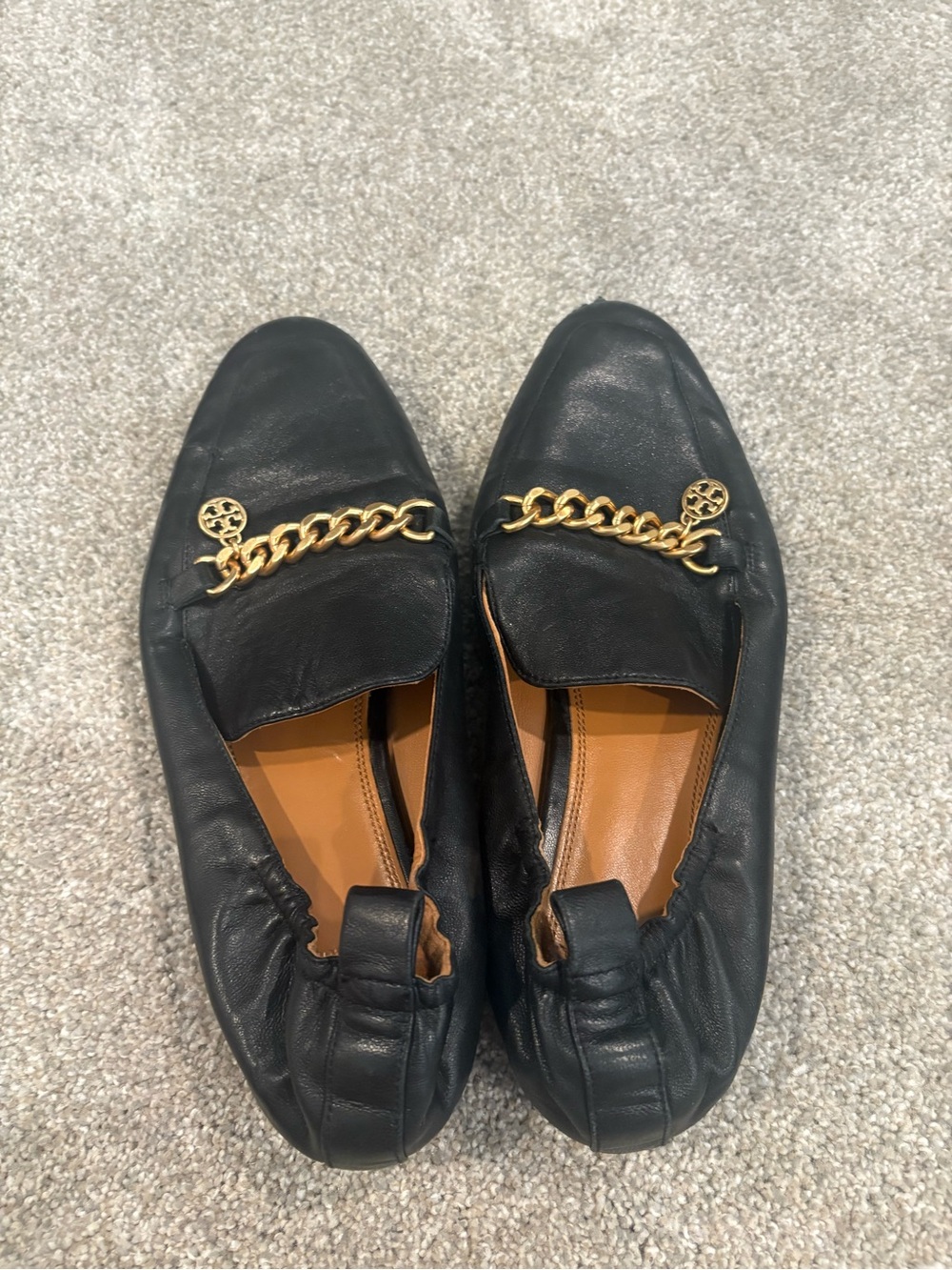 Tory Burch Black Leather Loafers with Gold Chain Accent - Picture 2 of 5